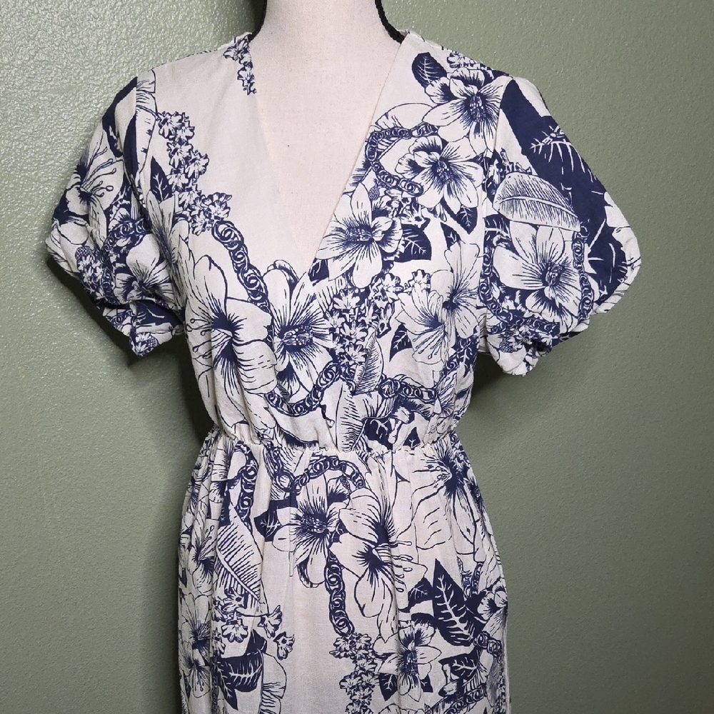 NWT Spighe Di Lino‎ Large Navy Floral Lightweight Midi Dress With Pockets